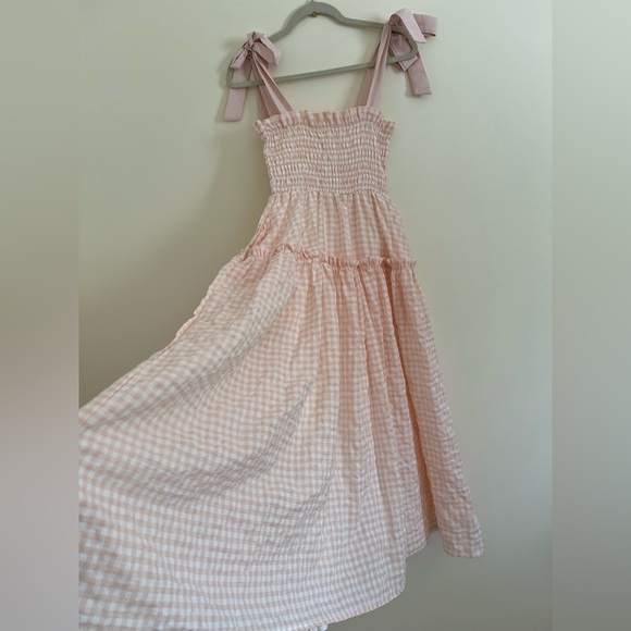Mable Womens Midi Dress Small Blush Smocked Ruffle Elastic Seersucker Check Boho - Picture 7 of 17